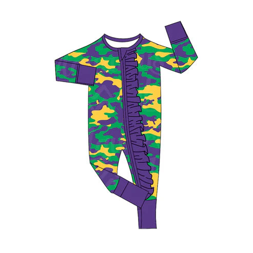 7.19 LR2056 Baby Infant Girls Mardi Gras Camo Ruffle Zip Rompers preorder