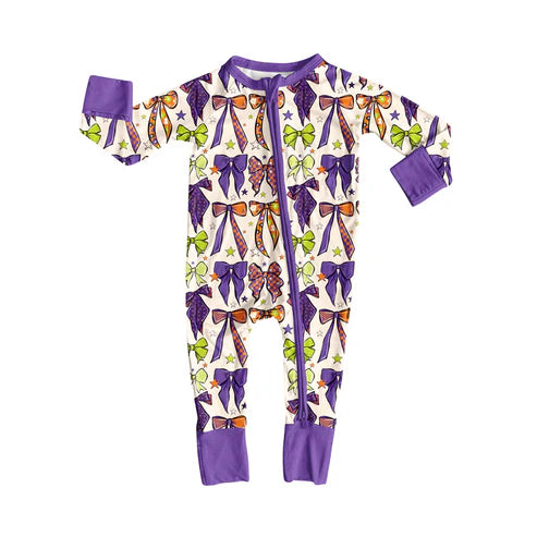 7.11 LR2403 Baby Girls Long Sleeves Purple Bows Plaid Zipper Pant Rompers Preorder