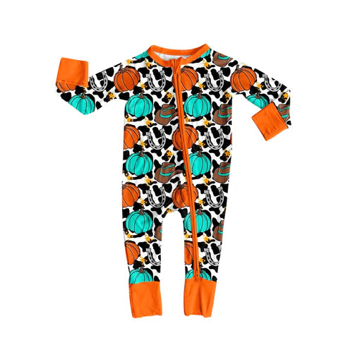 7.10 LR2408 Baby Boys Long Sleeves Cow Print Pumpkins Zipper Pant Rompers Preorder