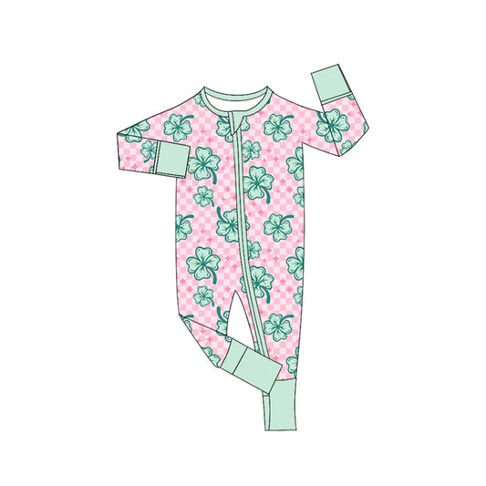 7.23 LR2107 Baby Infant Girls St Patrick Quatrefoils Zip Rompers preorder