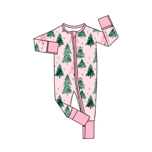 7.15 LR2415 Baby Girls Pink Long Sleeves Bows Trees Zipper Rompers Preorder