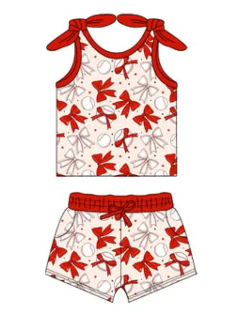 7.10 Custom Moq 3 Baby Girls Sleeveless Bows Baseballs Plaid Top Pockets Short Set