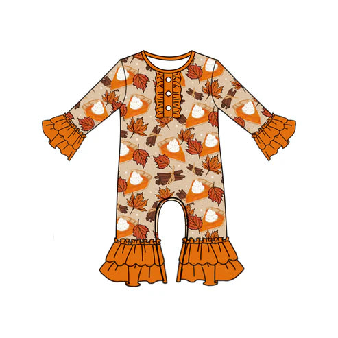 7.14 LR2379 Baby Girls Long Ruffle Sleeves Button Pie Leaves Pant Rompers Preorder