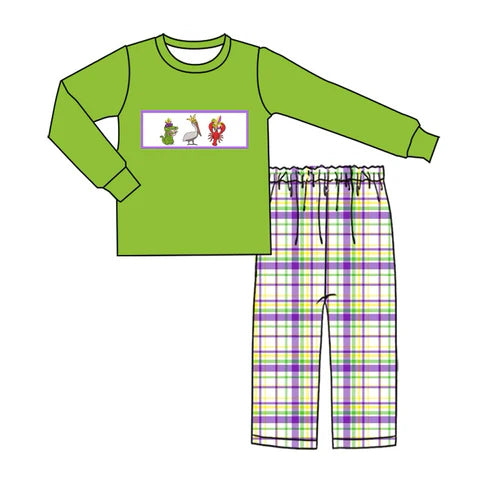 7.18 BLP1007 Baby Boys Crawfish Mardi Gras Top Checkered Pants Clothes Sets Preorder