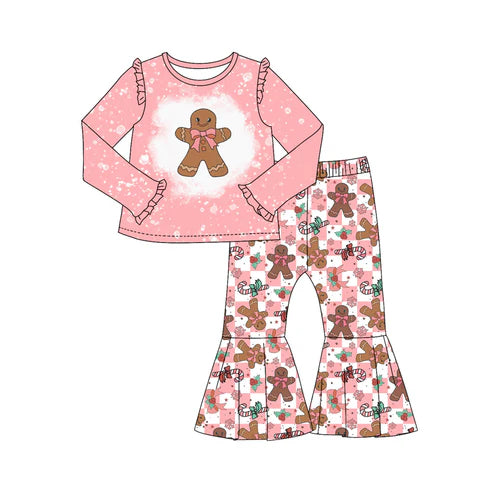7.16 GLP2024 Baby Girls Christmas Gingerbread Checkered Shirt Bell Pants Clothes Sets Preorder