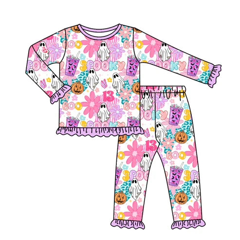 7.12 GLP2556 Baby Girls Long Sleeves Pink Ghosts Flowers Top Pant Pajamas Set Preorder