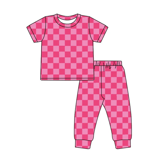 7.22 GSPO1744 Baby Girls Valentines Pink Checkered Shirt Pants Clothes Sets Preorder