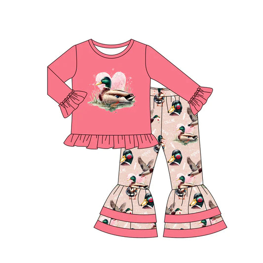 7.23 GLP2196 Baby Girls Valentines Duck Hearts Shirt Ruffle Pants Clothes Sets Preorder