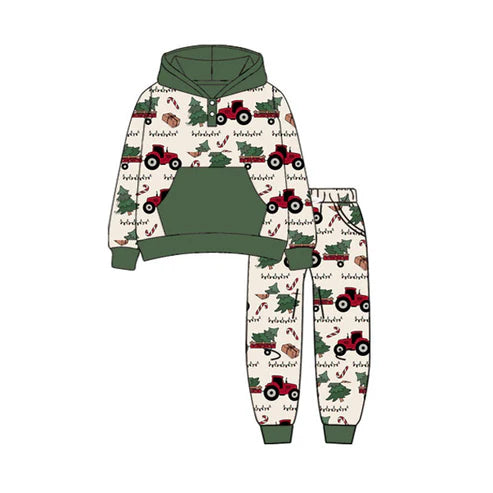7.12  BLP1162 Baby Boys Long Sleeves Truck Christmas Trees Pocket Hoodie Top Pant Set Preorder