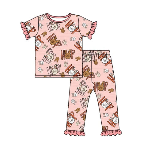 7.19 GSPO1726 Baby Girls Easter Rabbit Pink Hop Top Pants Pajamas Clothes Sets Preorder