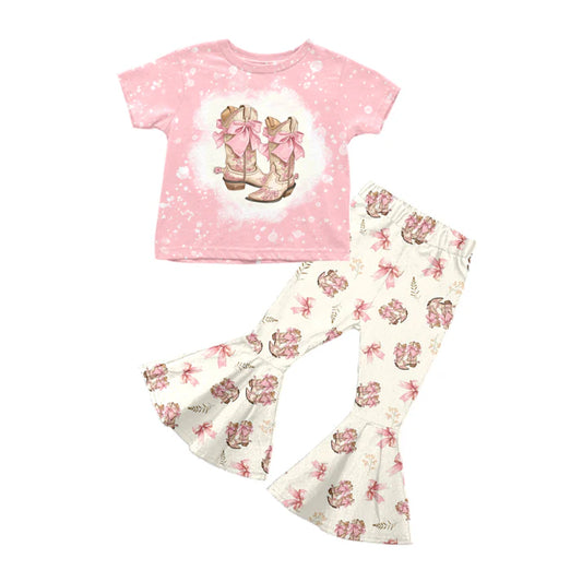 7.22 GSPO1747 Baby Girls Pink Boots Bows Western Shirt Bell Pants Clothes Sets Preorder