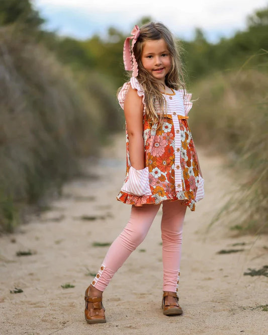 7.21 GSPO1741 Baby Girls Orange Flowers Pockets Top Legging Clothes Sets Preorder