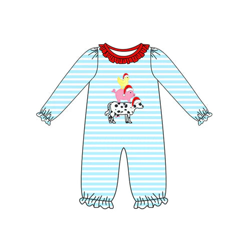 7.14 LR2428 Baby Girls Long Sleeves Christmas Hats Chicks Cows Ruffle Pant Rompers Preorder