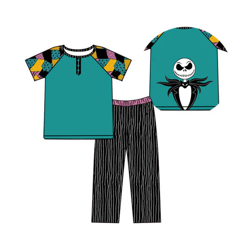 7.14 BSPO0580 Baby Boys Short Sleeves Ghost Skull Button Top Stripes Flare Pants Set Preorder