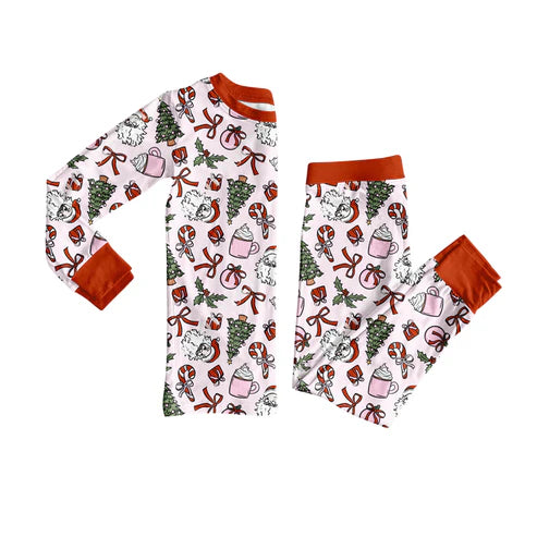 7.12 GLP2557 Baby Girls Long Sleeves Santa Bows Trees Top Pant Pajamas Set Preorder