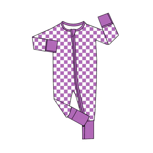 7.17 LR2031 Baby Infant Girls Purple Checkered Zip Long Sleeve Rompers preorder