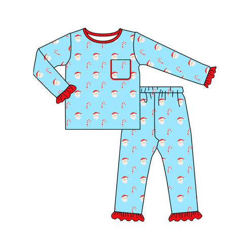 7.10 GLP2574 Baby Girls Long Ruffle Sleeves Santa Candy Cane Pocket Top Pant Pajamas Set Preorder
