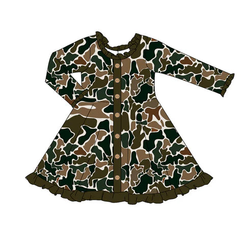 7.16 GLD0913 Baby Girls Brown Camo Buttons Knee Length Dresses Preorder