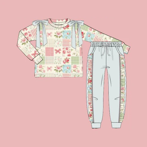 7.14  GLP2551 Baby Girls Long Sleeves Flowers Plaid Top Pockets Legging Pant Set Preorder