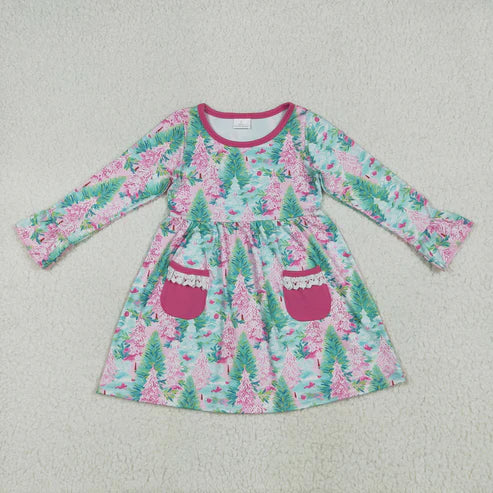 7.24 GLD1072 Baby Girls Long Ruffle Sleeves Trees Floral Pockets Knee Length Dress