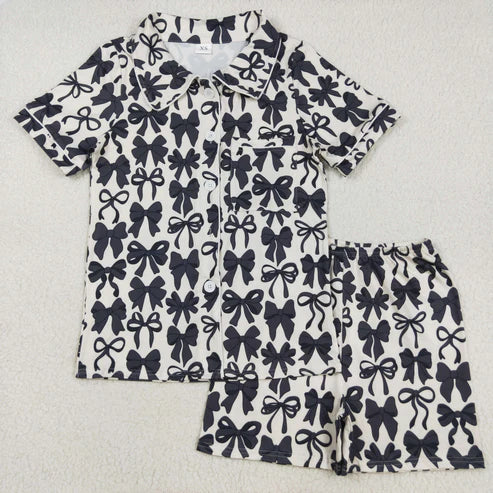 7.24 GSSO2664 Adult Women Short Sleeves Black Bows Button Pocket Top Short Pajamas Set