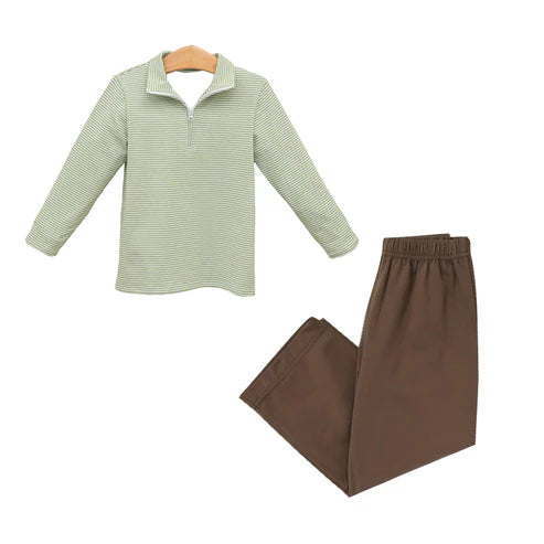 7.18 BLP1000 Baby Boys Fall Green Stripes Zip Shirt Pants Outfits Clothes Sets Preorder