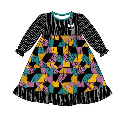 7.14 GLD1201 Baby Girls Stripes Long Ruffle Sleeves Cartoon Ghost Plaid Knee Length Dresses