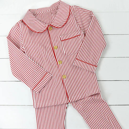 7.16 GLP2053 Baby Girls Red Stripes Buttons Shirts Pants Pajamas Clothes Sets Preorder