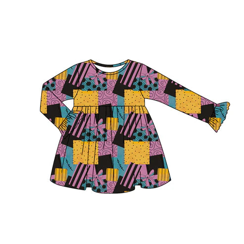 7.15 GLD1197 Baby Girls Long Ruffle Sleeves Purple Bows Plaid Knee Length Dresses Preorder