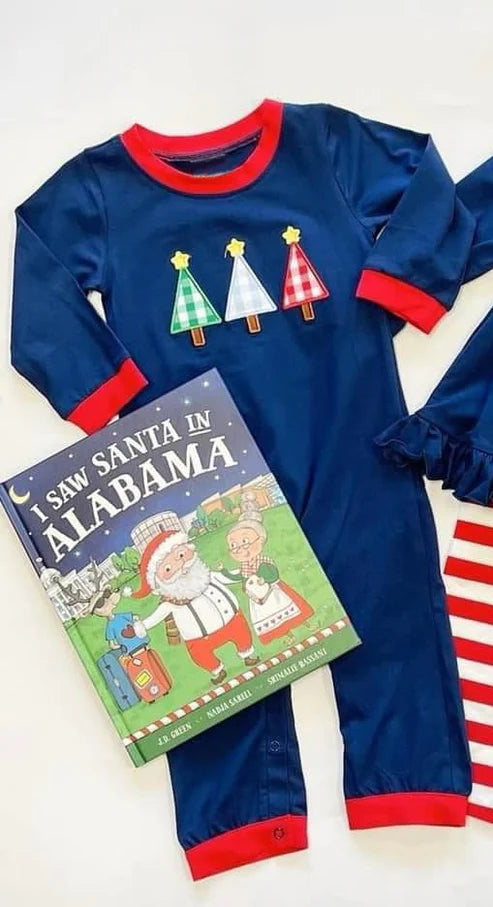 7.17 LR2026 Baby Infant Boys Christmas Tree Navy Long Sleeve Rompers preorder