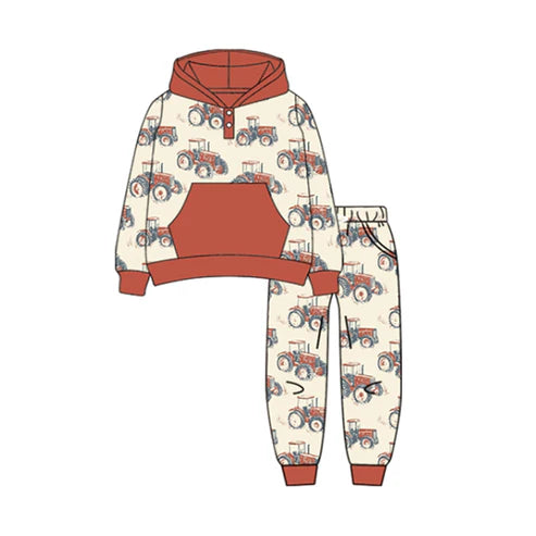 7.12  BLP1161 Baby Boys Long Sleeves Trucks Plaid Pocket Hoodie Top Pant Farm Set Preorder
