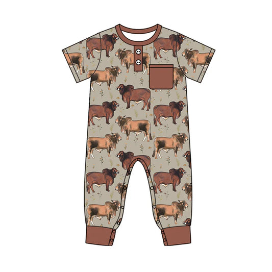 7.22 SR2039 Baby Infant Boys Western Cows Pocket Short Sleeve Rompers preorder