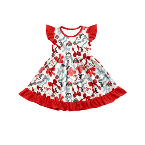 7.10 Custom Moq 3 Baby Girls Ohiostate Bows Flutter Sleeve Twirl Dresses
