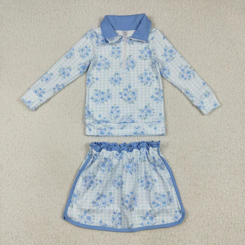 7.24 GLD1097 Baby Girls Long Sleeves Blue Flowers Plaid Zipper Top Skorts Yoga Set