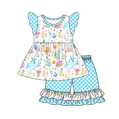 7.19 GSSO1462 Baby Girls Easter Blue Rabbits Tunic Ruffle Shorts Clothes Sets Preorder