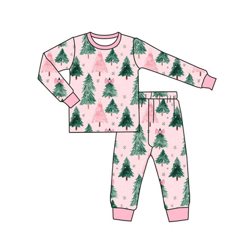 7.15 GLP2578 Baby Girls Pink Long Sleeves Bows Trees Plaid Top Pant Pajamas Set Preorder