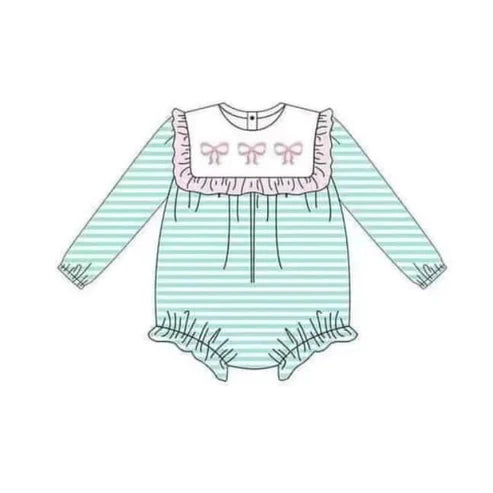 7.19 LR2067 Baby Infant Girls Green Stripes Bows Ruffle Rompers preorder