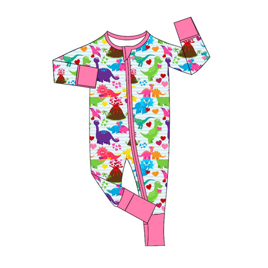 7.23 LR2110 Baby Infant Girls Valentines Dinosaurs Hearts Zip Long Sleeve Rompers preorder