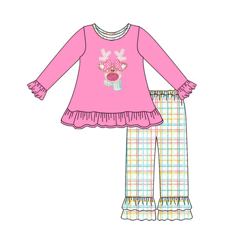 7.15 GLP2589 Baby Girls Long Ruffle Sleeves Christmas Deer Tunic Plaid Pants Set Preorder