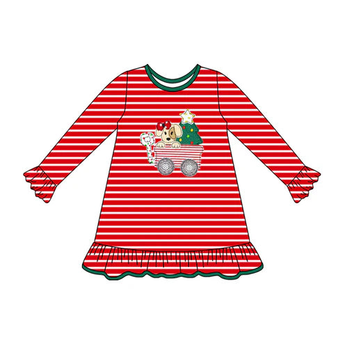 7.15 GLD1194 Baby Girls Long Ruffle Sleeves Christmas Trees Trucks Knee Length Dresses Preorder