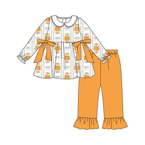 7.12 GLP2554 Baby Girls Long Sleeves Pumpkins Bows Plaid Tunic Ruffle Pant Set Preorder