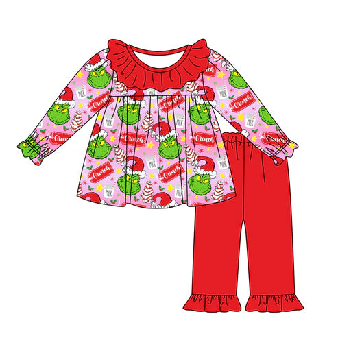 7.16 GLP2052 Baby Girls Christmas Frog Pink Cake Tunic Ruffle Pants Clothes Sets Preorder