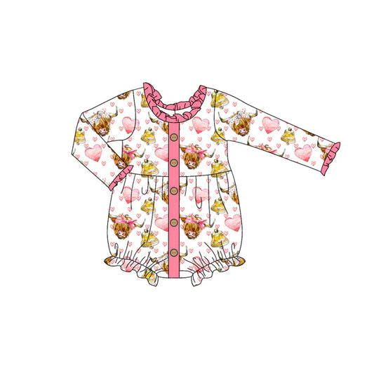7.22 LR2088 Baby Infant Girls Valentines Highland Cow Hearts Buttons Rompers preorder