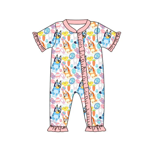 7.21 SR2031 Baby Infant Girls Easter Dogs Eggs Zip Rompers preorder