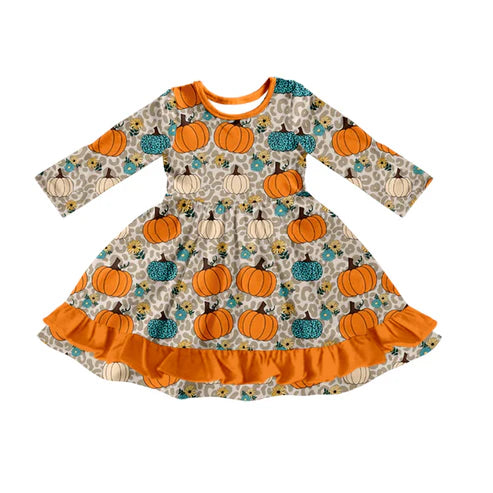 7.15 GLD1190 Baby Girls Long Sleeves Leopard Pumpkins Flowers Ruffle Knee Length Dresses Preorder