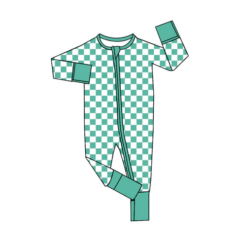 7.17 LR2027 Baby Infant Girls Green Checkered Zip Long Sleeve Rompers preorder
