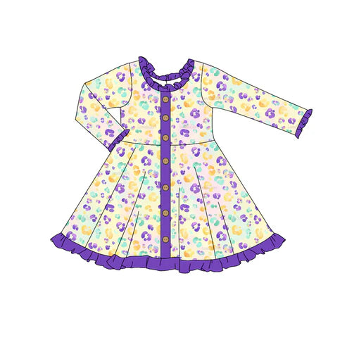 7.16 GLD0911 Baby Girls Purple Leopard Buttons Knee Length Dresses Preorder