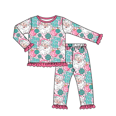 7.11 GLP2562 Baby Girls Long Ruffle Sleeves Christmas Santa Top Pant Pajamas Set Preorder