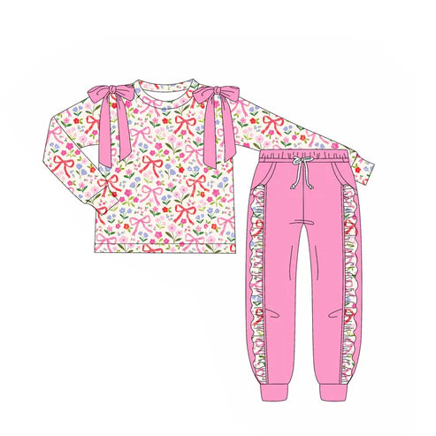 7.12 GLP2552 Baby Girls Long Sleeves Pink Bows Flowers Top Pockets Pant Set Preorder