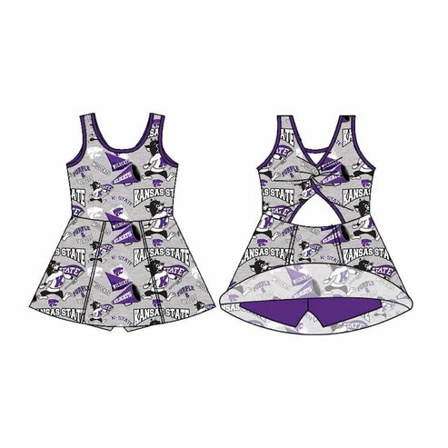 7.10 Custom Moq 3 Baby Girls Sleeveless Kansas State Purple Bows Shorts Team Knee Length Dresses